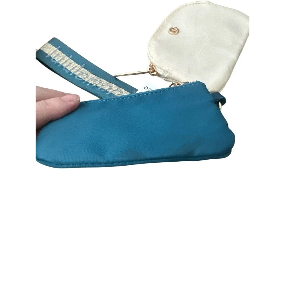 Lululemon Dual Pouch Wristlet Wallet Keychain Wordmark Warp Teal,Gold, Bone NWT